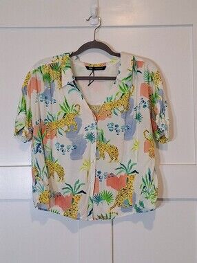 Zara Tropical Palms Leopard Print Button Down Short Sleeve Top Medium